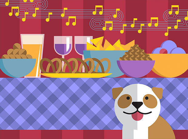 Illustrated dog in front of a table full of drinks and party snacks. Music notes float over the snacks.