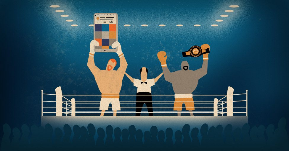 Earning Wins vs Earning Media, illustration of boxer holding belt and boxer holding cell phone