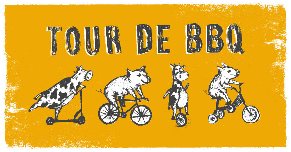 Tour De BBQ - illustrated cows and pigs riding on bicycles