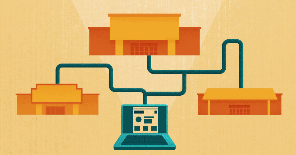 illustration of computer connected to brick and mortar stores