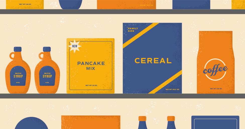 illustration of consumer packaged goods on shelf, pancake mix, cereal, coffee
