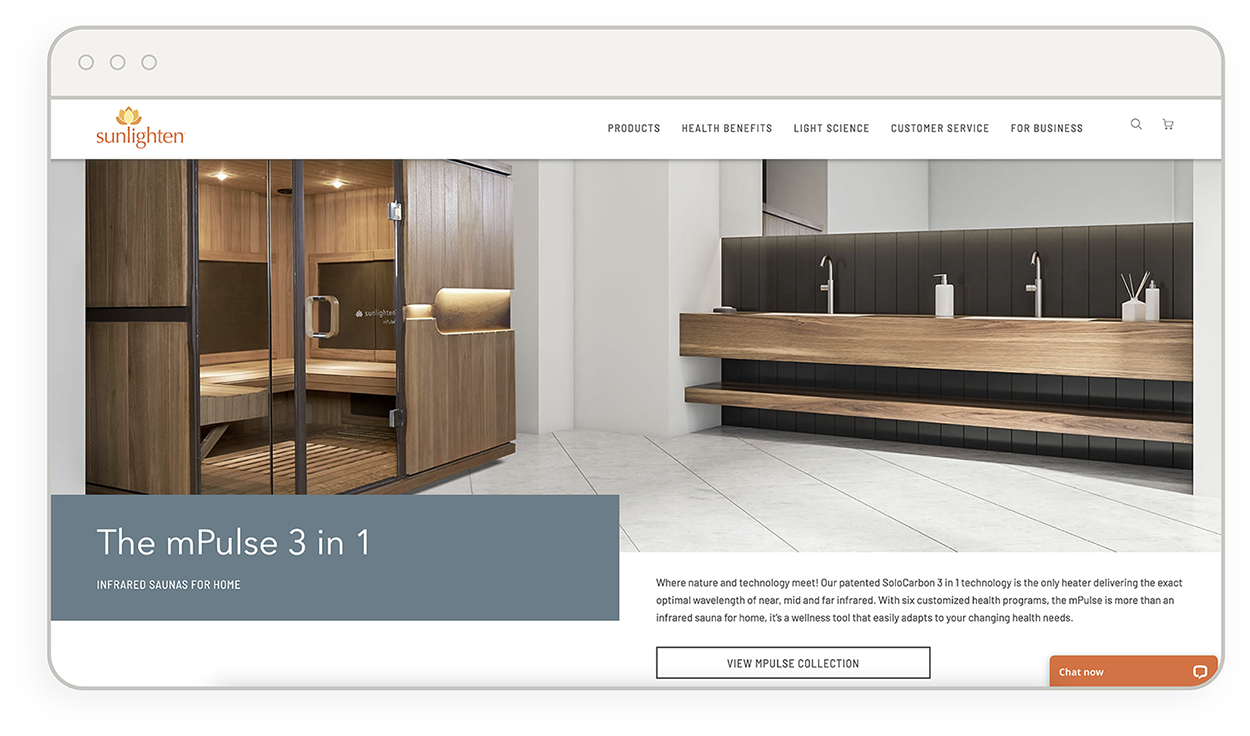 A webpage from the Sunlighten website showcasing a sauna room explaining the mPuls 3 in 1 technology.