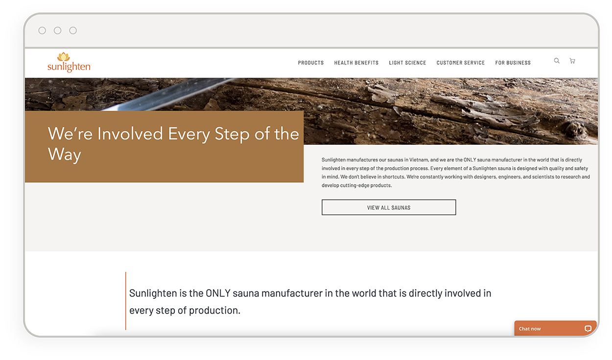 A webpage from the Sunlighten website showcasing how Sunlighten is involved every step of the way.