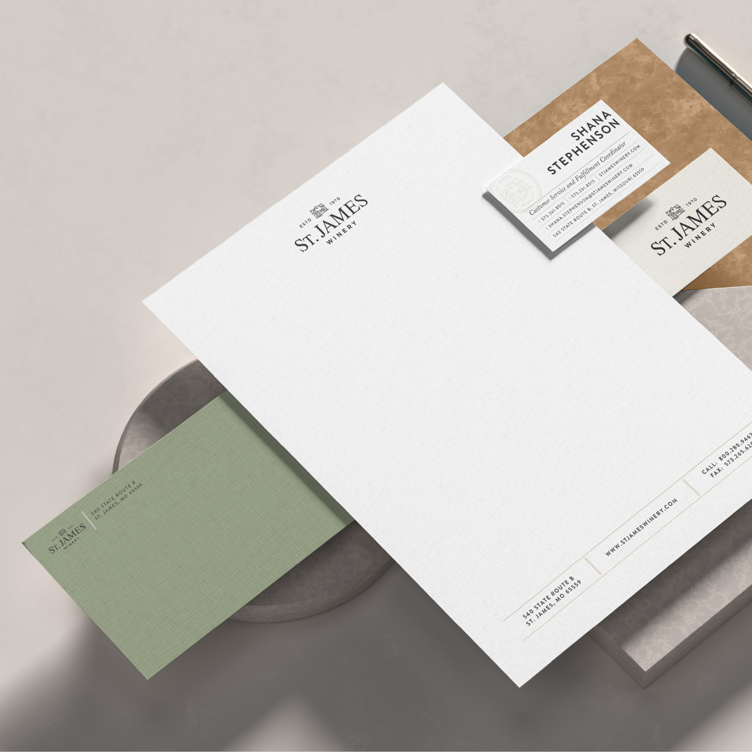 St James Winery letterhead, stationary, business card, collateral, branding, print material