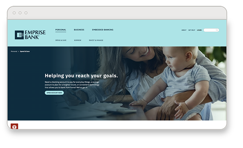 Emprise Bank website, features a mother and baby. Emprise will help you reach your goals.