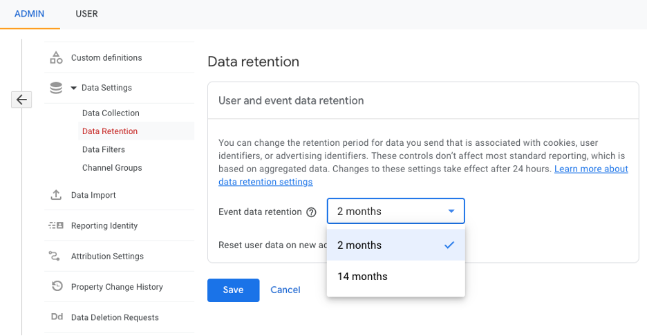screenshot of free GA4 data retention options