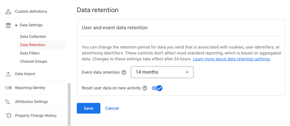 screenshot of free GA4 data retention option to reset user data on new activity