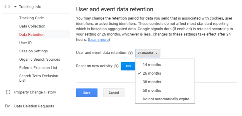 screenshot of UA data retention options