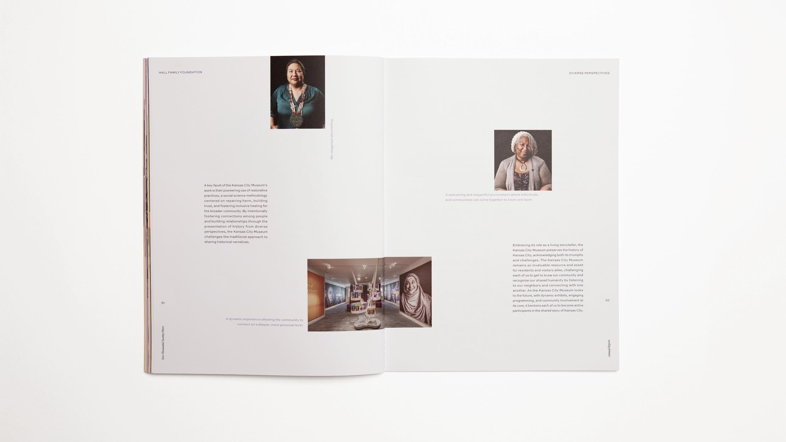 Hall Family Foundation's annual report open to an interior page demonstrating the grid system used for layout