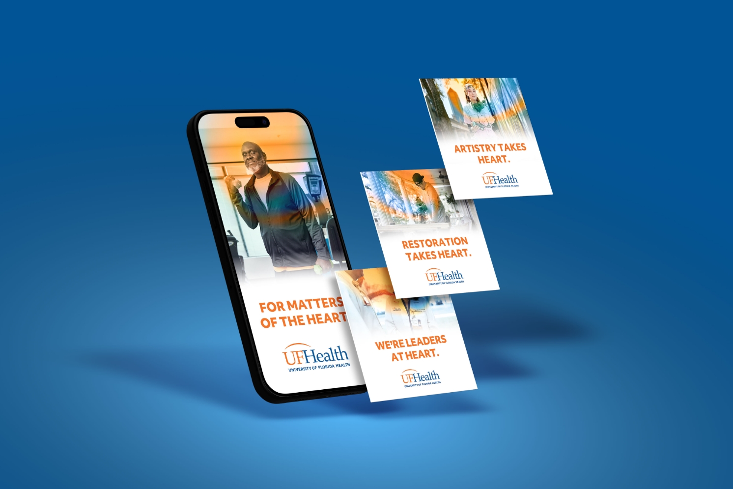 Cell phone and mock-ups of UF Health heart and vascular social posts
