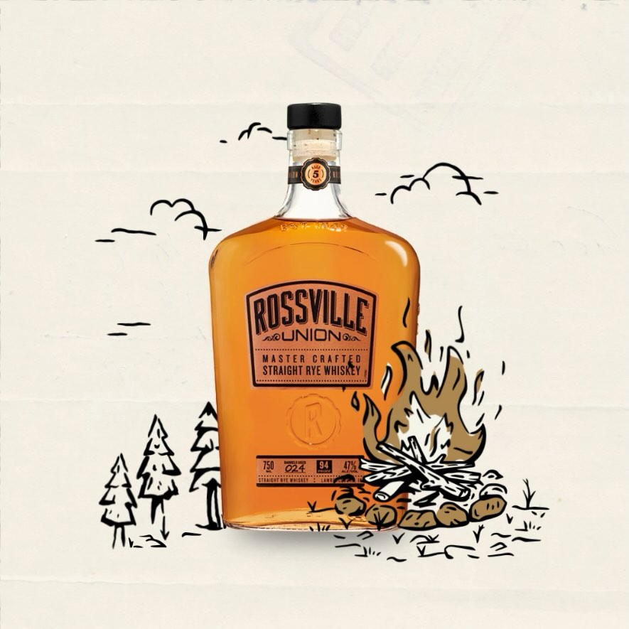 Rossville Union Master Crafted Straight Rye Whiskey bottle with illustrated campfire graphics