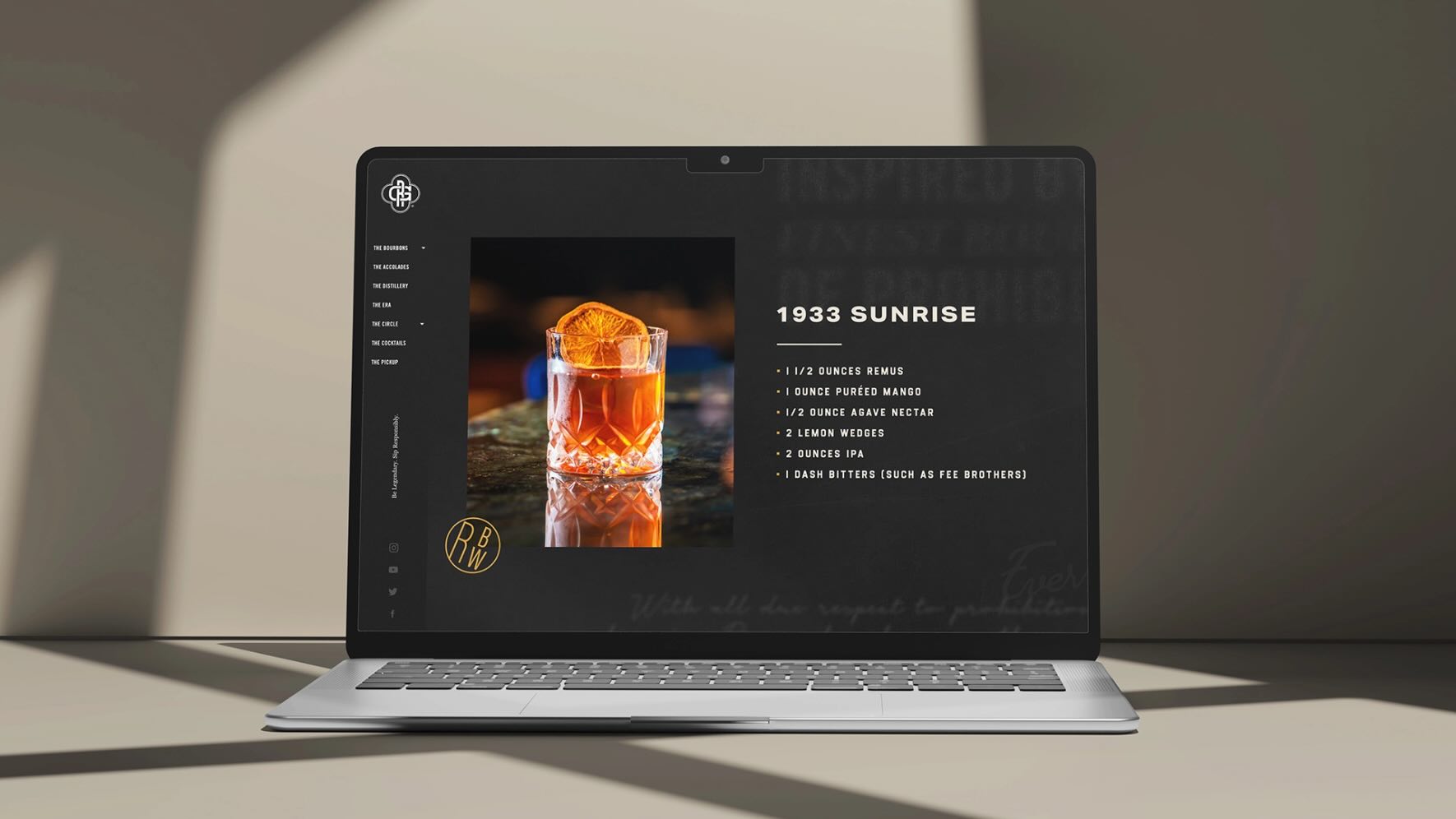 Remus cocktail landing page with recipe for 1933 Sunrise cocktail