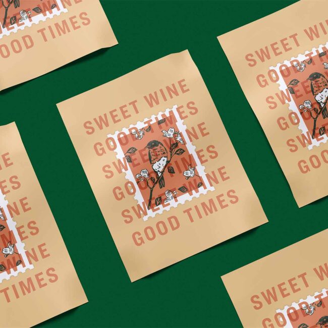 St. James posters with bird stamp that read Sweet Wine Good Times