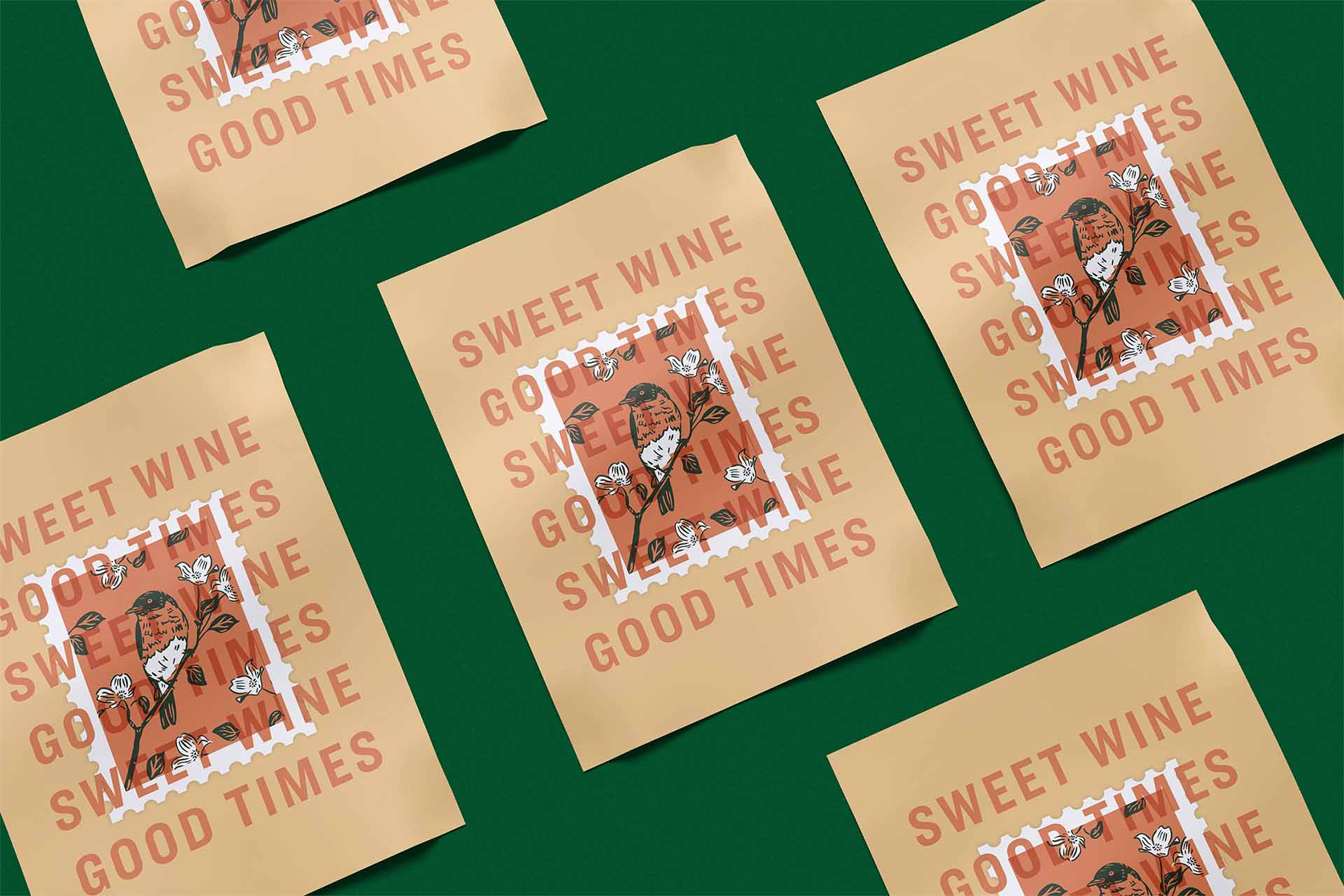 St. James posters with bird stamp that read Sweet Wine Good Times